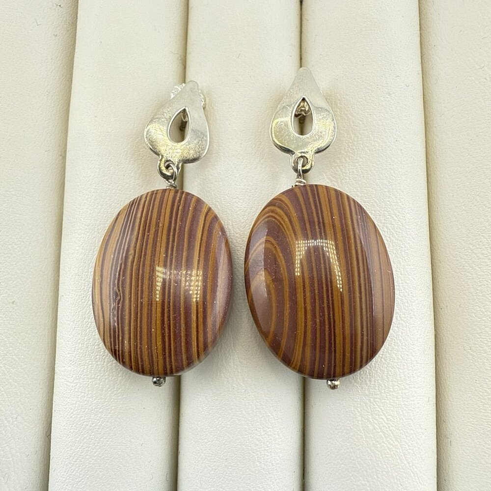 Jay King Earrings Oval Cabochon Brown Neutral Sterling Silver 925 Stripe Pierced